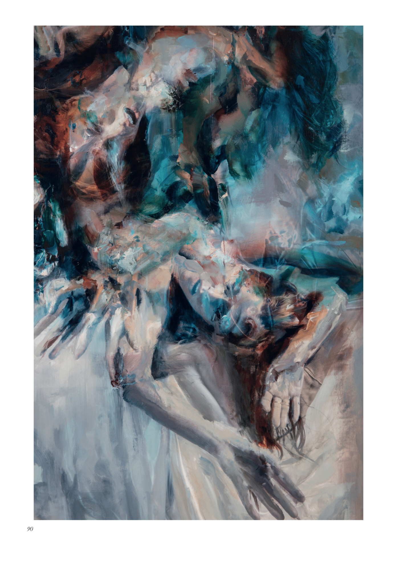 Abstract painting of a woman holding a dog, with vibrant and blended colors.