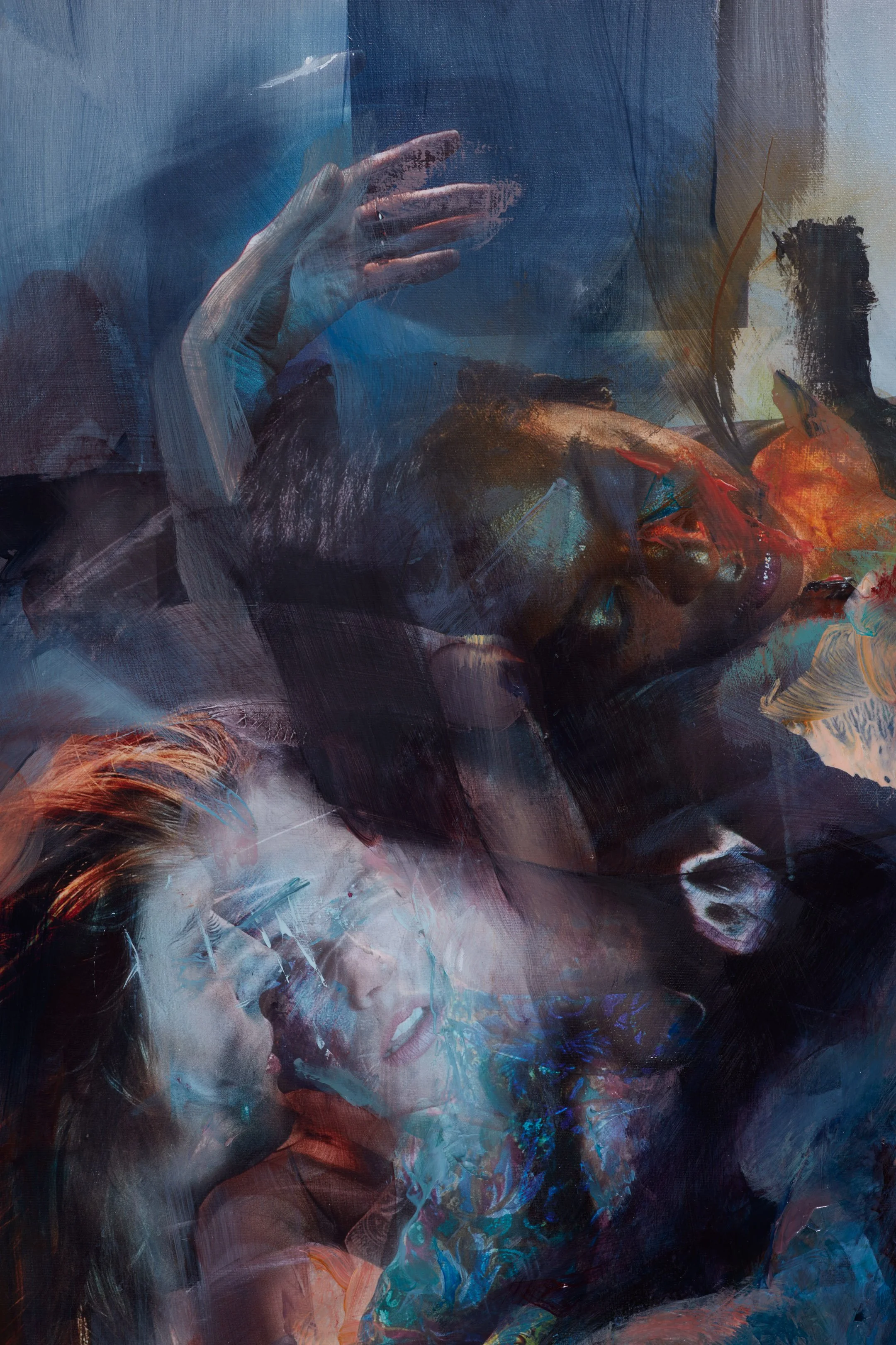 Abstract painting featuring intertwined faces and hands with vibrant colors and expressive brushstrokes.