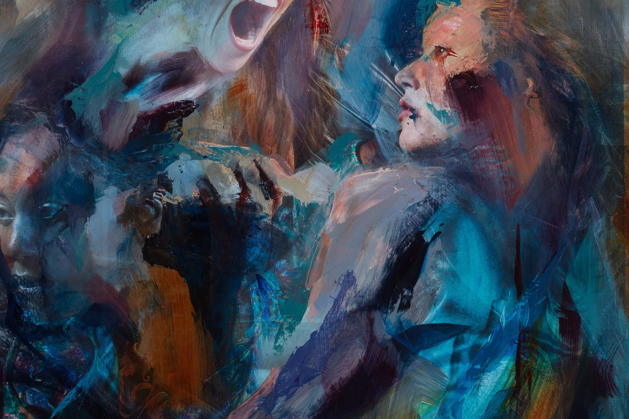 An abstract painting portraying two women, one with opening her mouth and the other with she holding a cigarette, with expressive brushstrokes and vibrant colors.