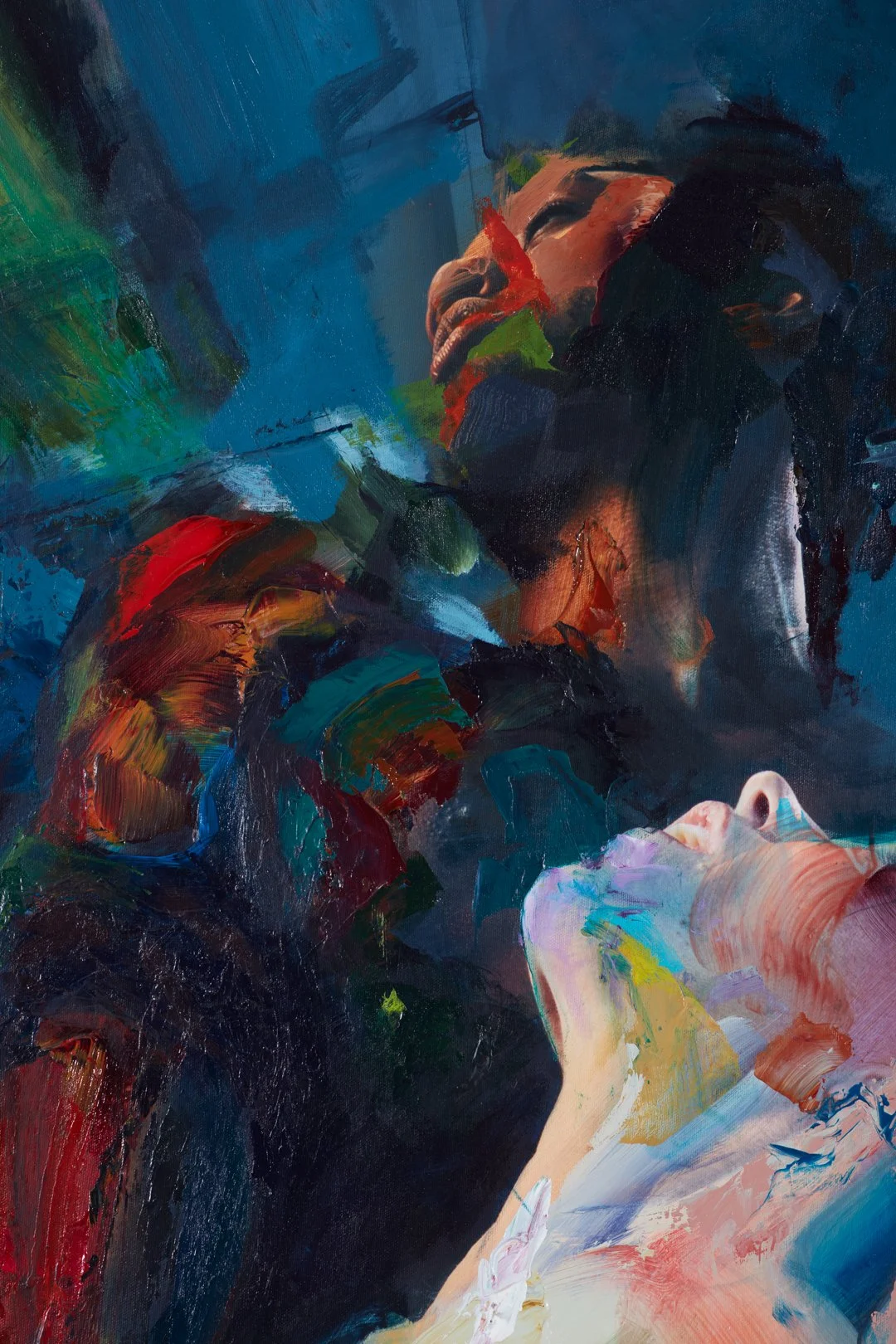 An abstract painting of a woman lying down with her head tilted back, eyes closed, surrounded by vibrant, expressive brushstrokes of various colors.