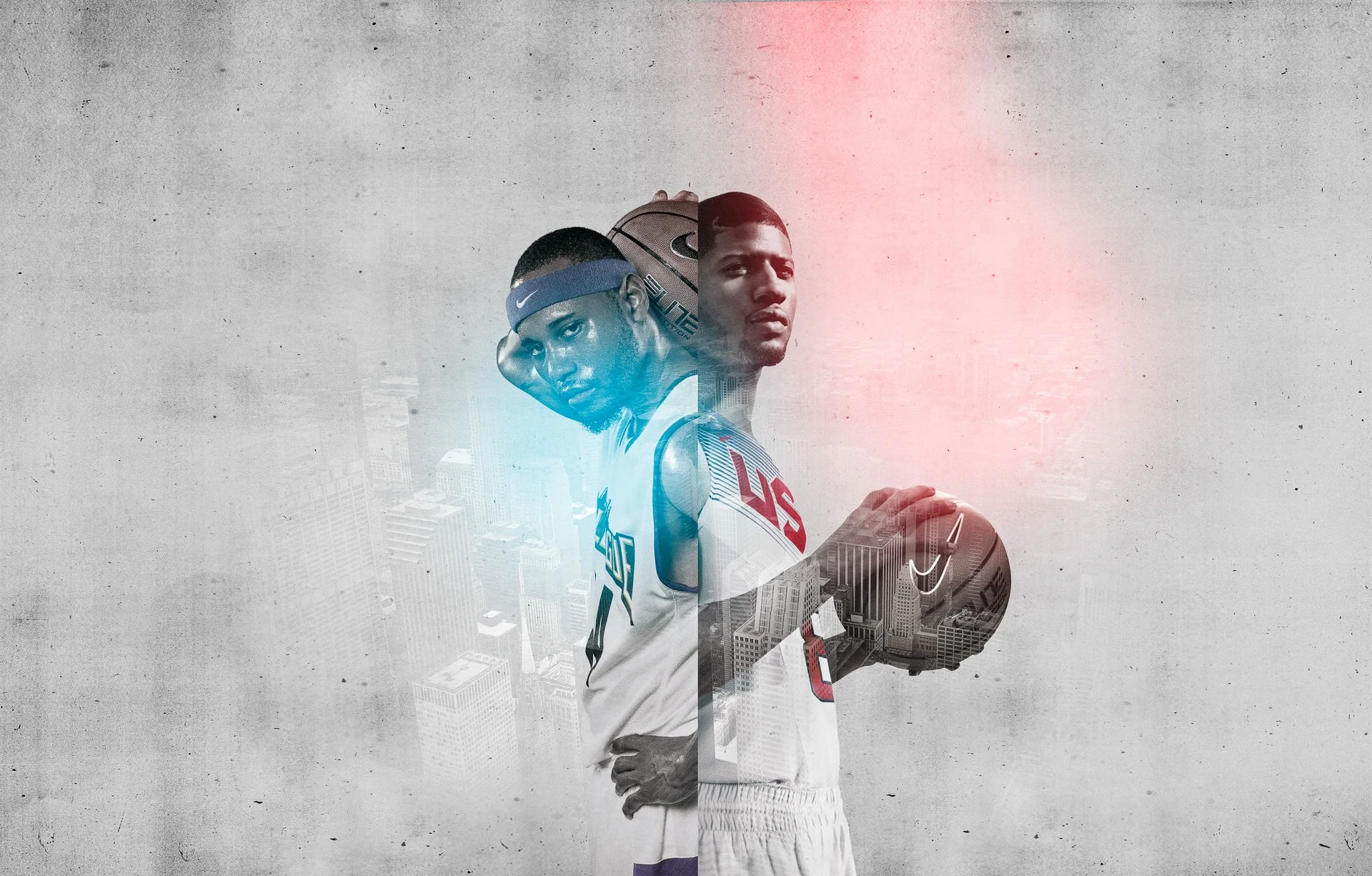 Double exposure image of NIKE OLYMPICS two young male basketball players in sports jerseys holding basketballs, with an overlay of a city skyline in the background.