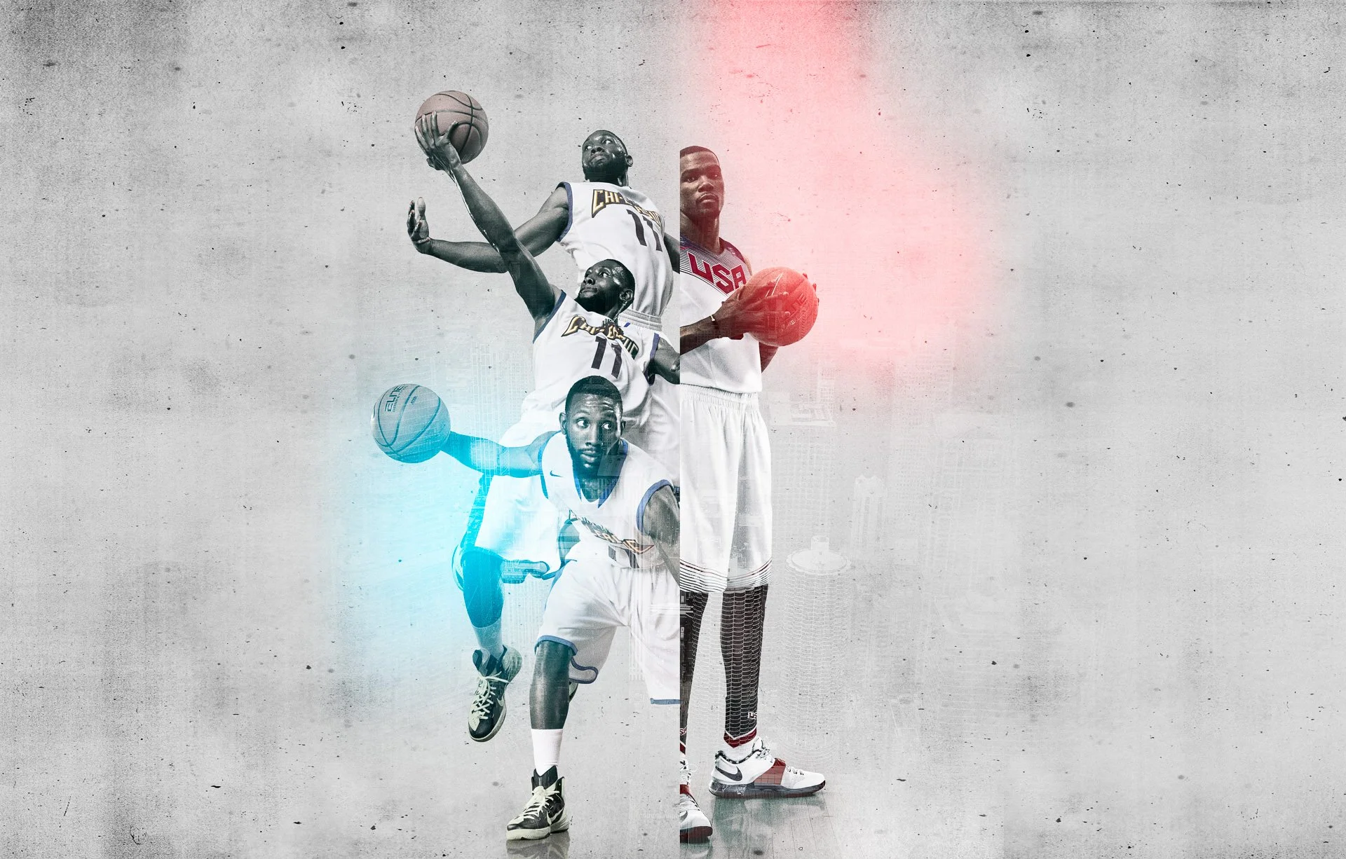Split image of an NIKE OLYMPICS athlete in a basketball and basketball player in USA basketball uniform holding a basketball.