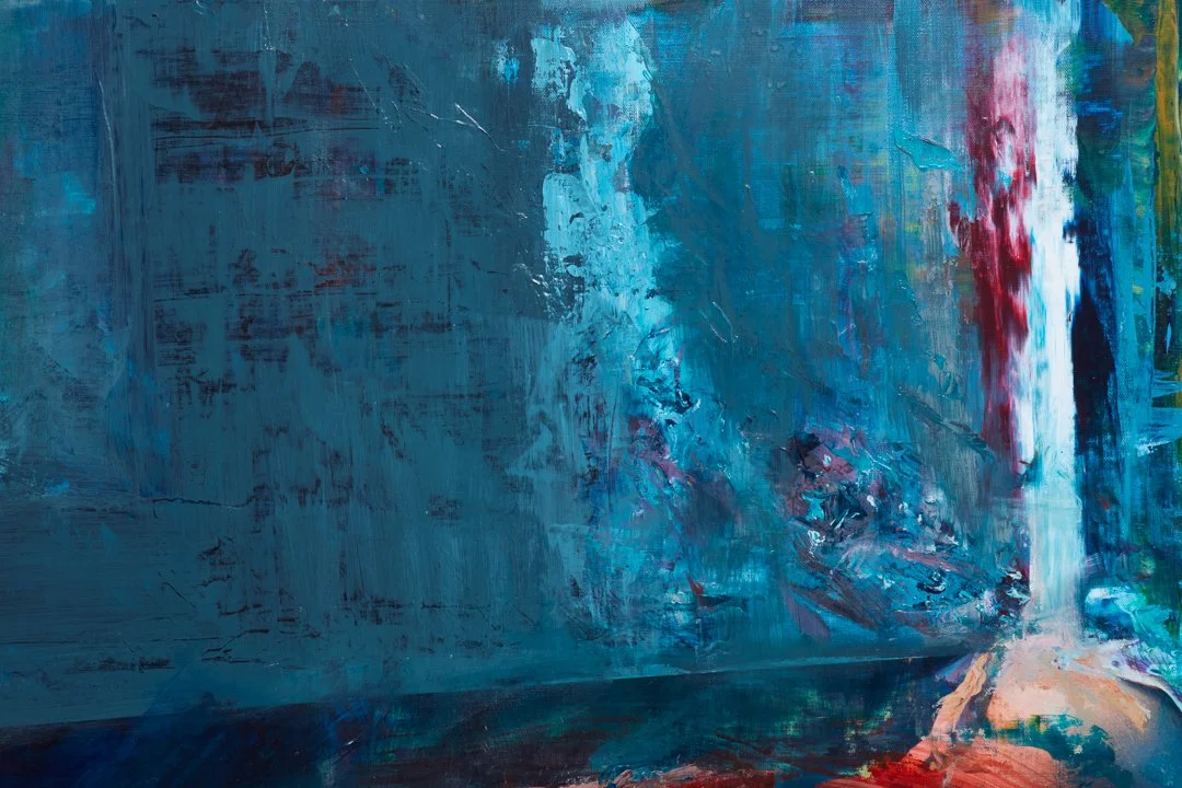 Abstract painting with shades of blue, with touches of red, white, and pink.