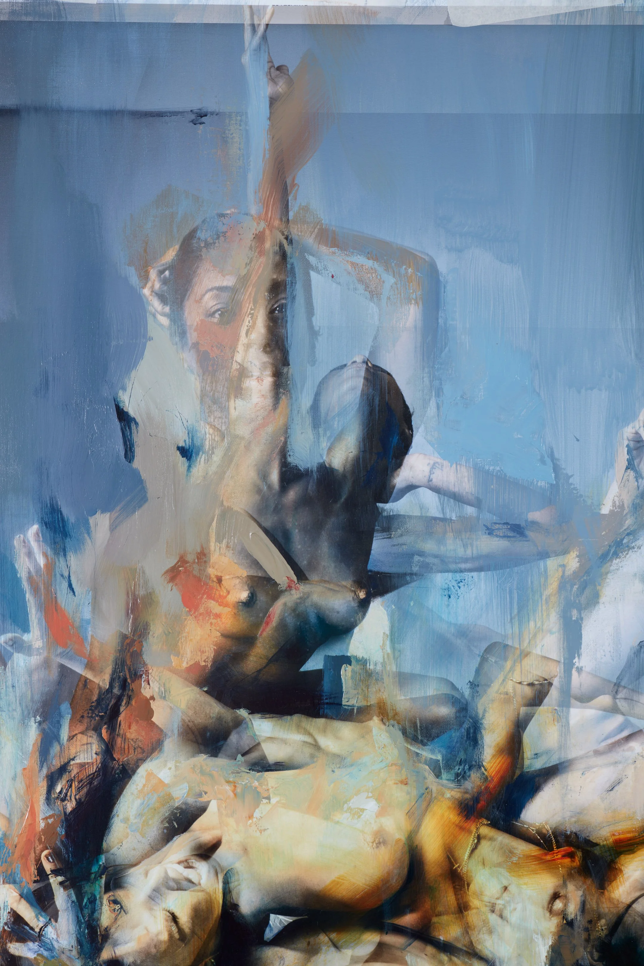Abstract painting of multiple women in various poses, blending realistic and painterly styles with prominent use of blue, beige, and orange tones.