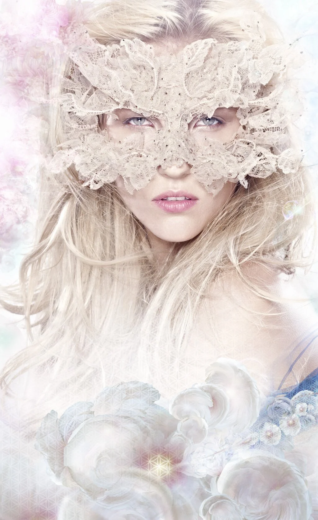 A woman with blonde hair and blue eyes wearing a lacy, beige eye mask and pink lipstick, surrounded by soft pink, blue, and white pastel colors with floral and cloud-like elements.