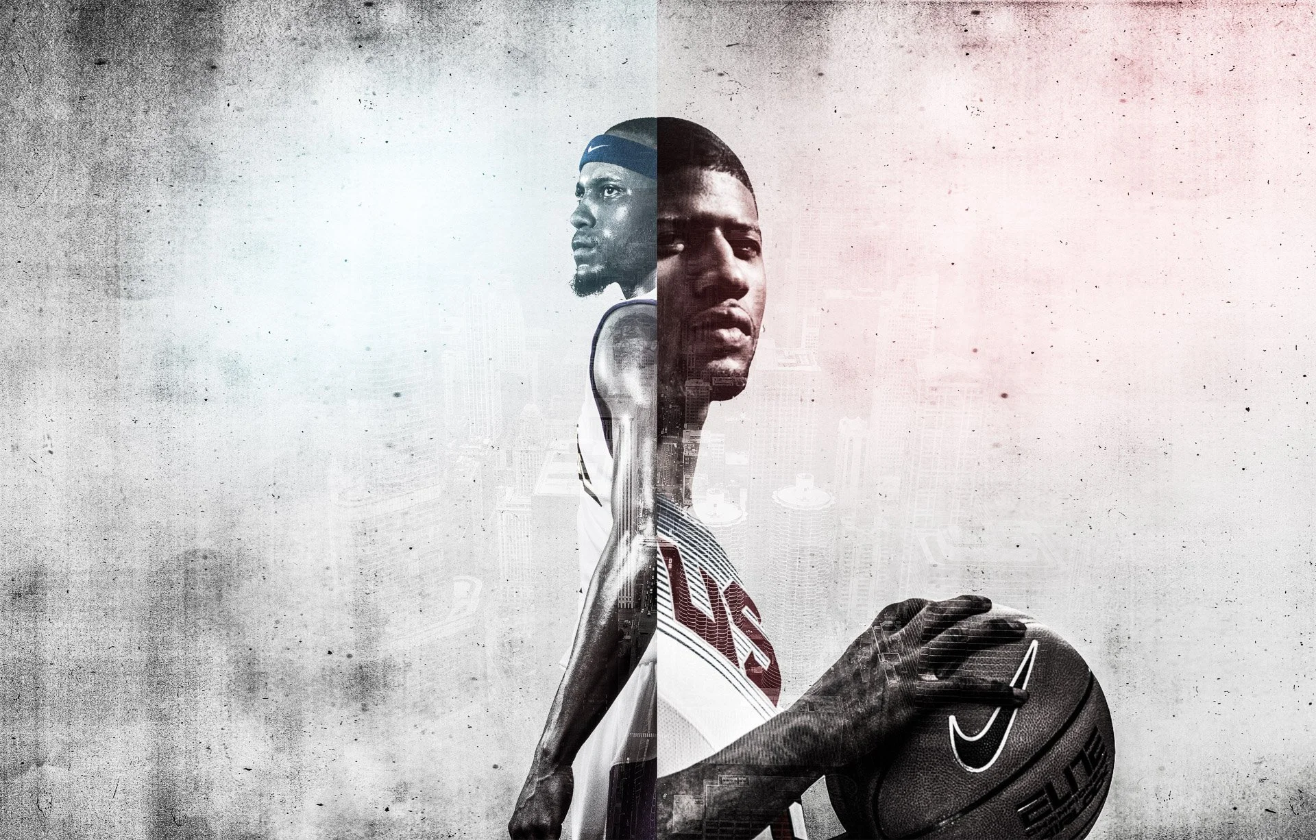 A digital collage of a NIKE OLYMPICS basketball player, split in half, with one side in black and white and the other in color. The player is holding a basketball and wearing a sports uniform and a headband.