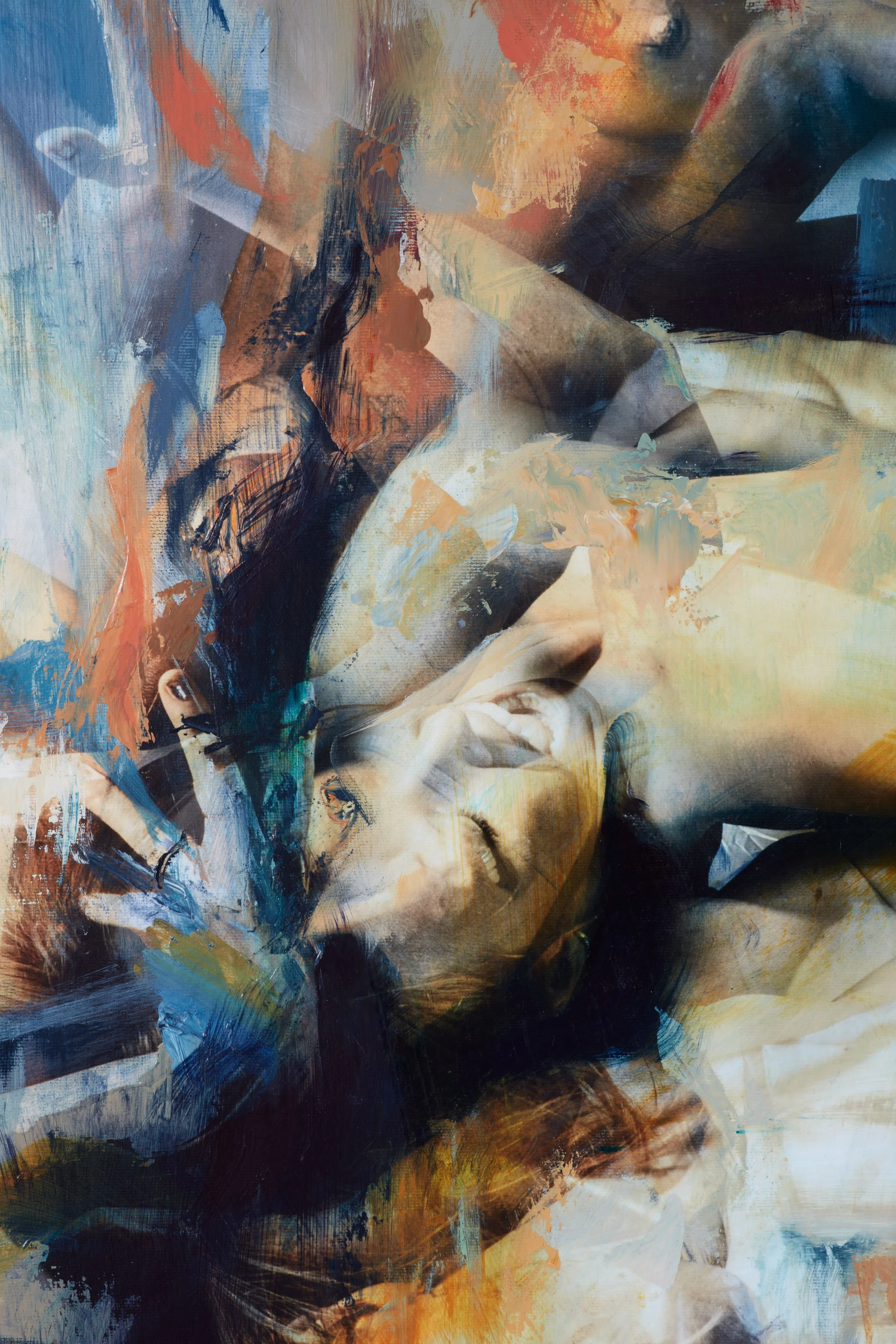 Abstract artwork of a woman with long dark hair, smiling, with vibrant brush strokes of blue, orange, and beige.