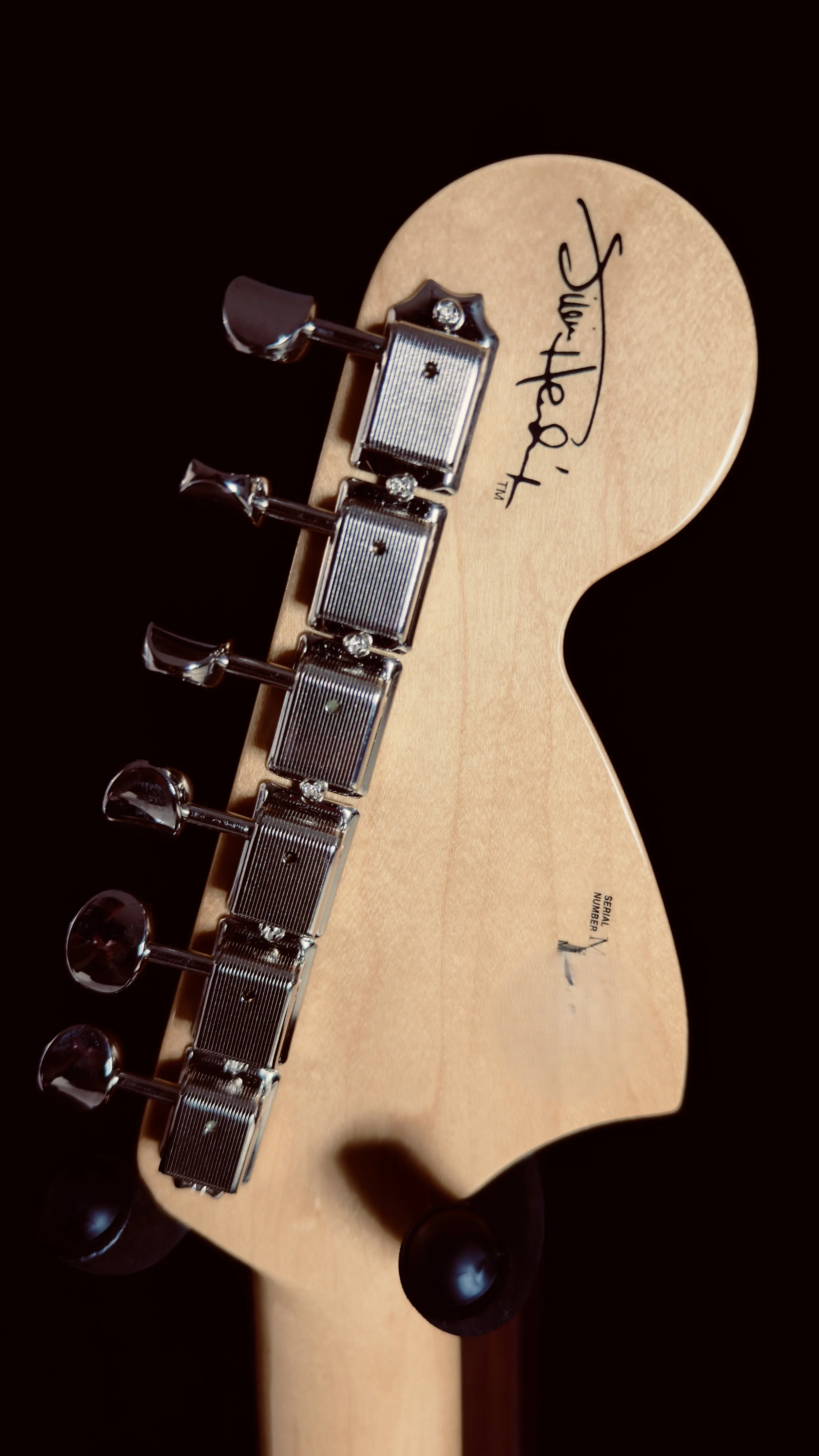 Close-up of the headstock of a Fender Telecaster electric guitar, showing tuning pegs and the brand logo.