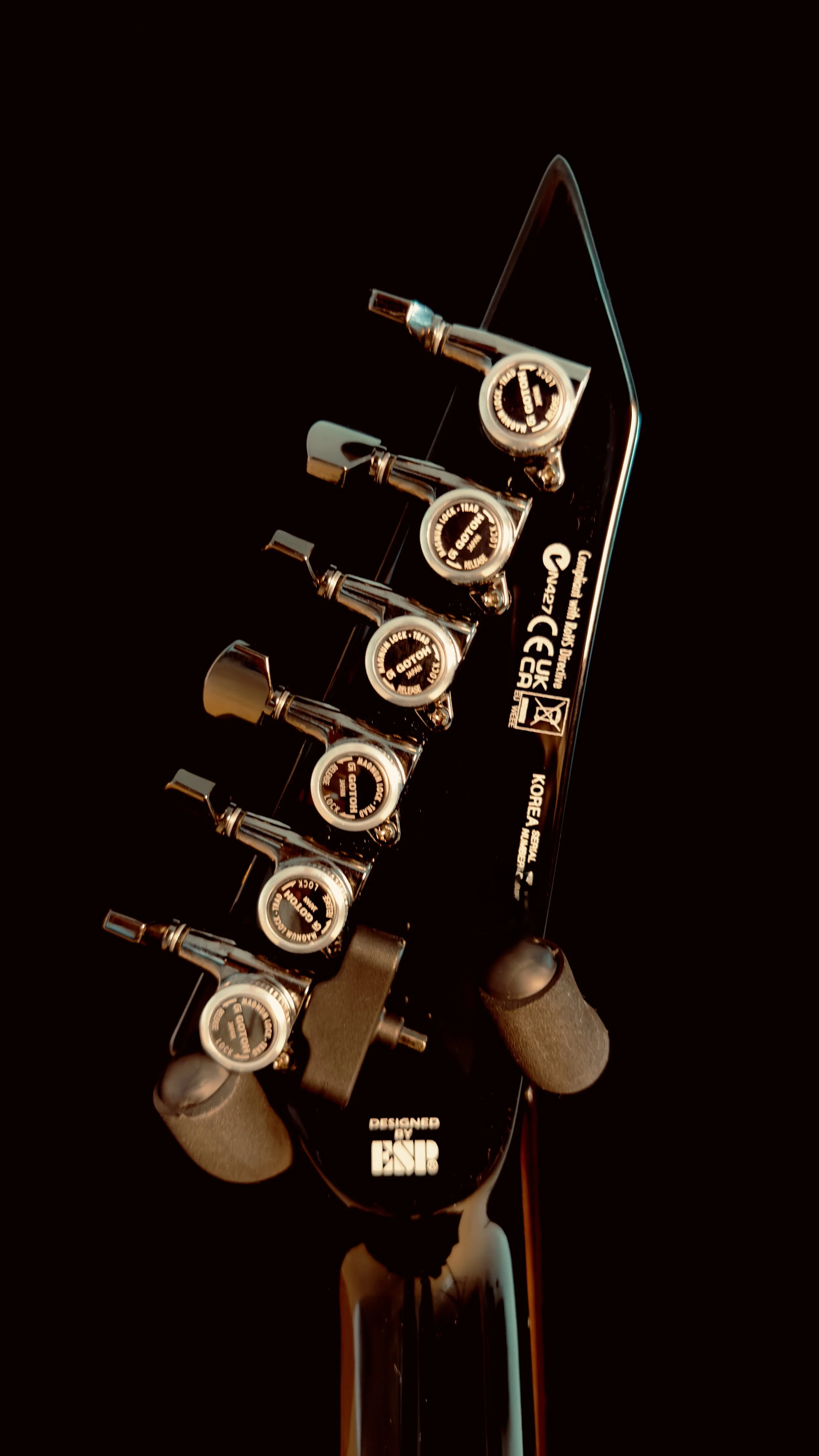 Close-up of a guitar's headstock with tuning pegs and brand markings.
