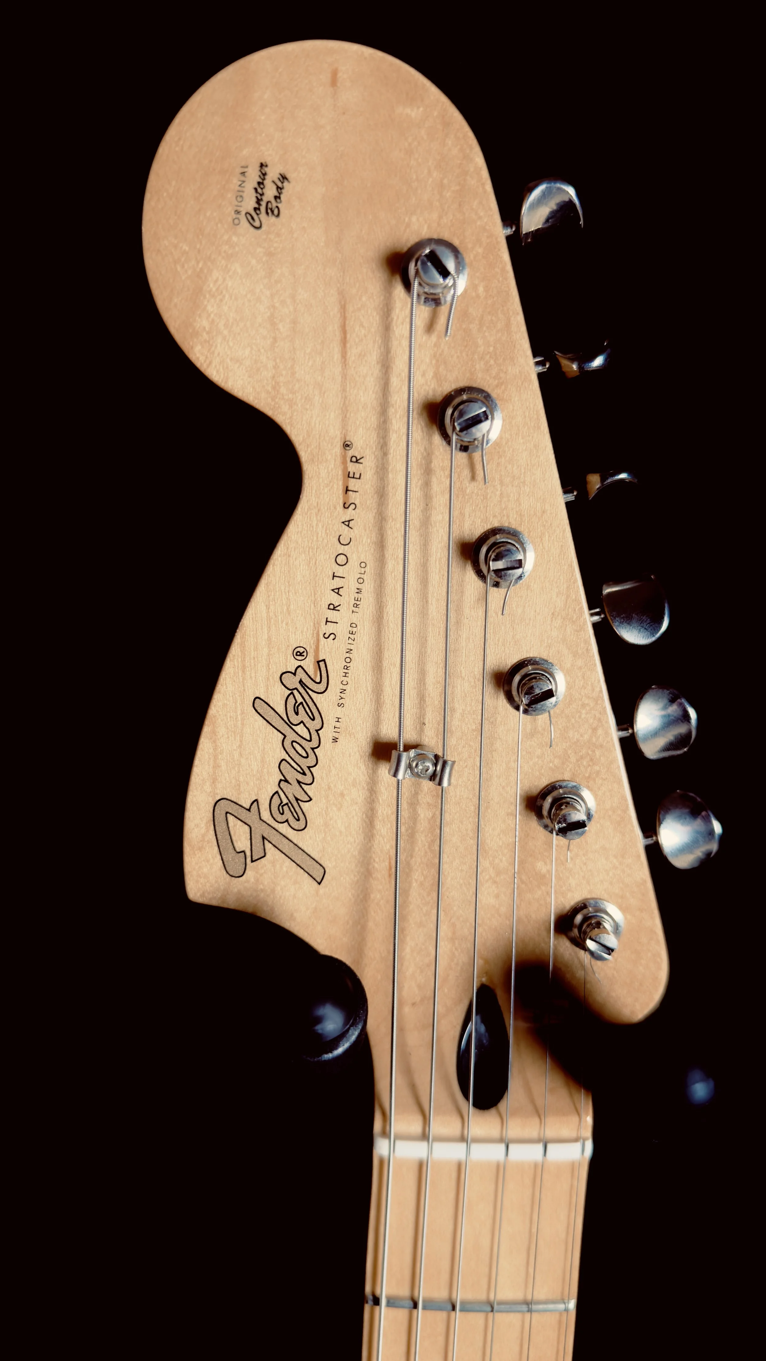 Close-up of a Fender Stratocaster guitar headstock with tuning pegs and strings, showing the brand logo and model details.