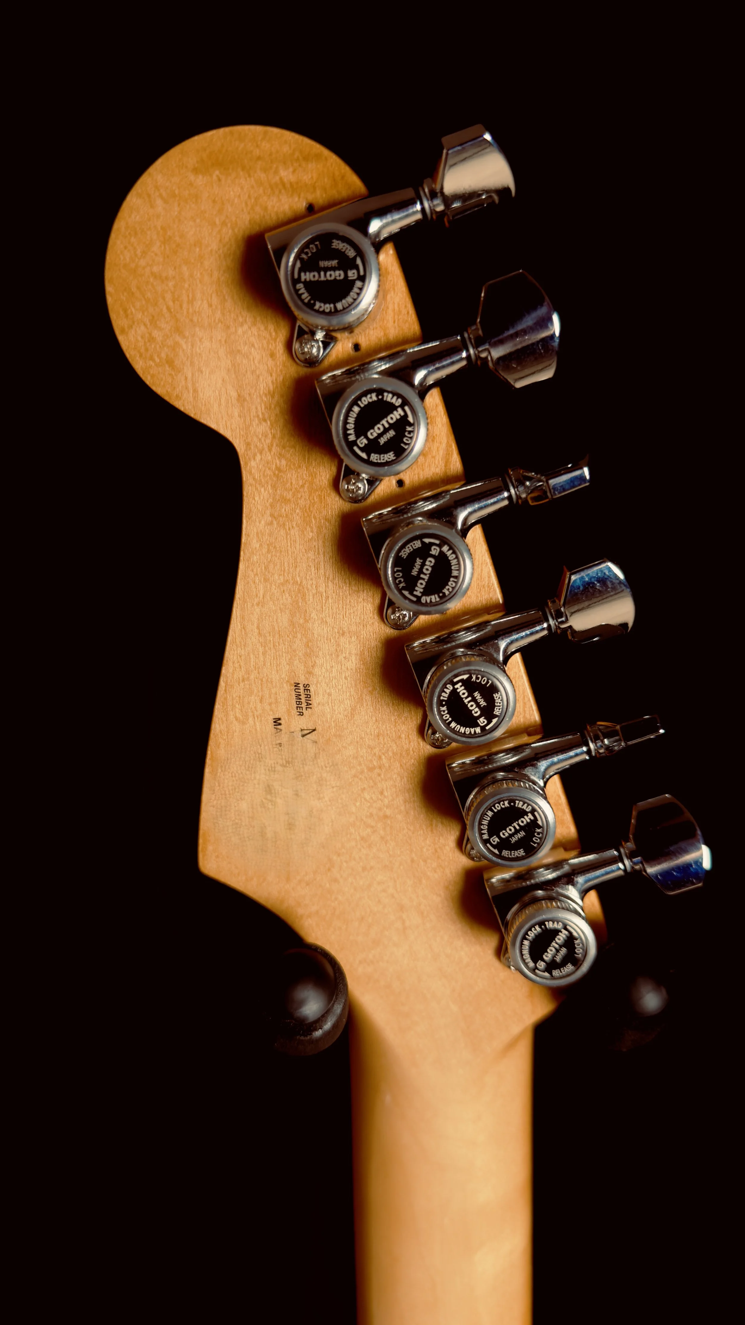 Close-up of the back of a guitar headstock showing tuning pegs with Gotoht brand labels