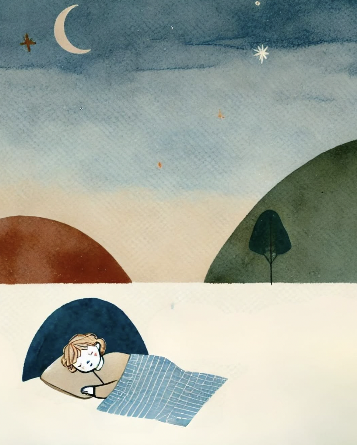 An illustration of a person sleeping with a pillow and blanket, under a night sky with a crescent moon and stars, and mountains in the background.