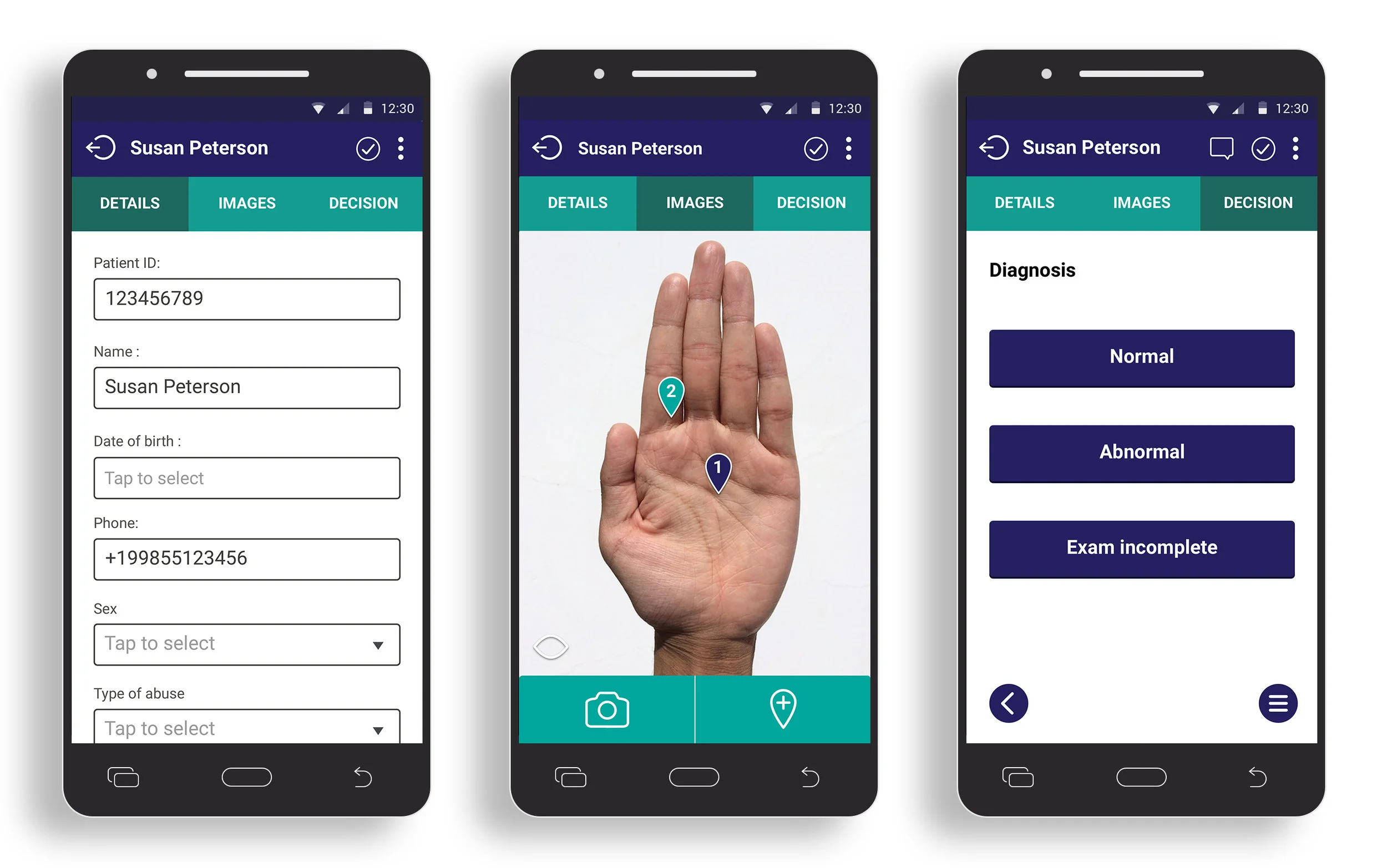 Eva app. Basic 3 step process - Details, Images, Decision.