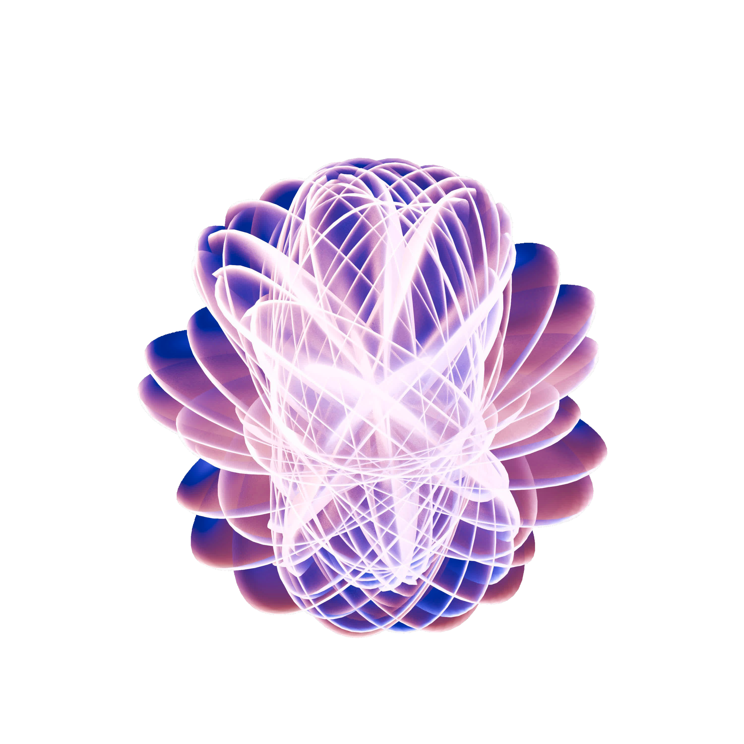 Une représentation numérique d'une forme géométrique complexe et lumineuse, ressemblant à une structure en forme de fleur ou de cœur, composée de lignes lumineuses roses et violettes sur un fond noir.