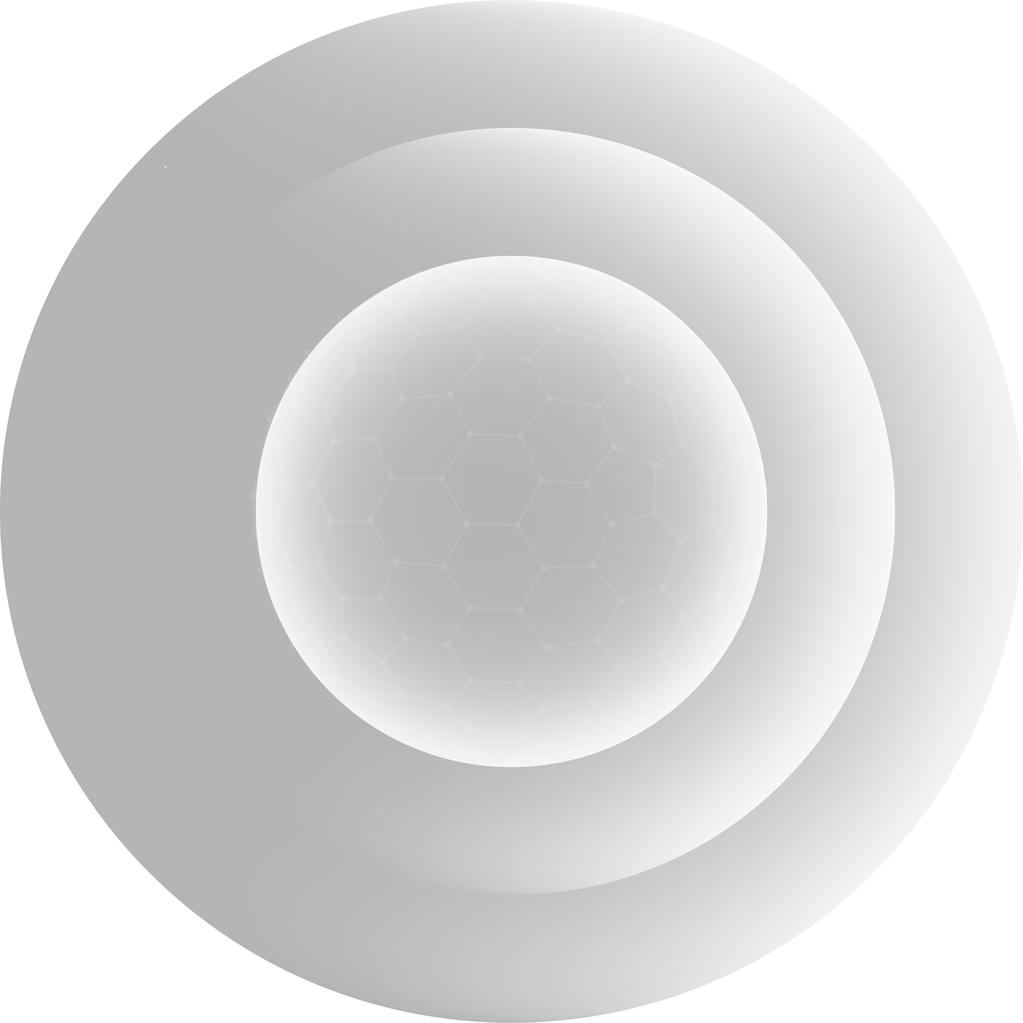 Sphere avec motif hexagonal, moitié sombre moitié claire, en arrière-plan dégradé de noir à blanc.