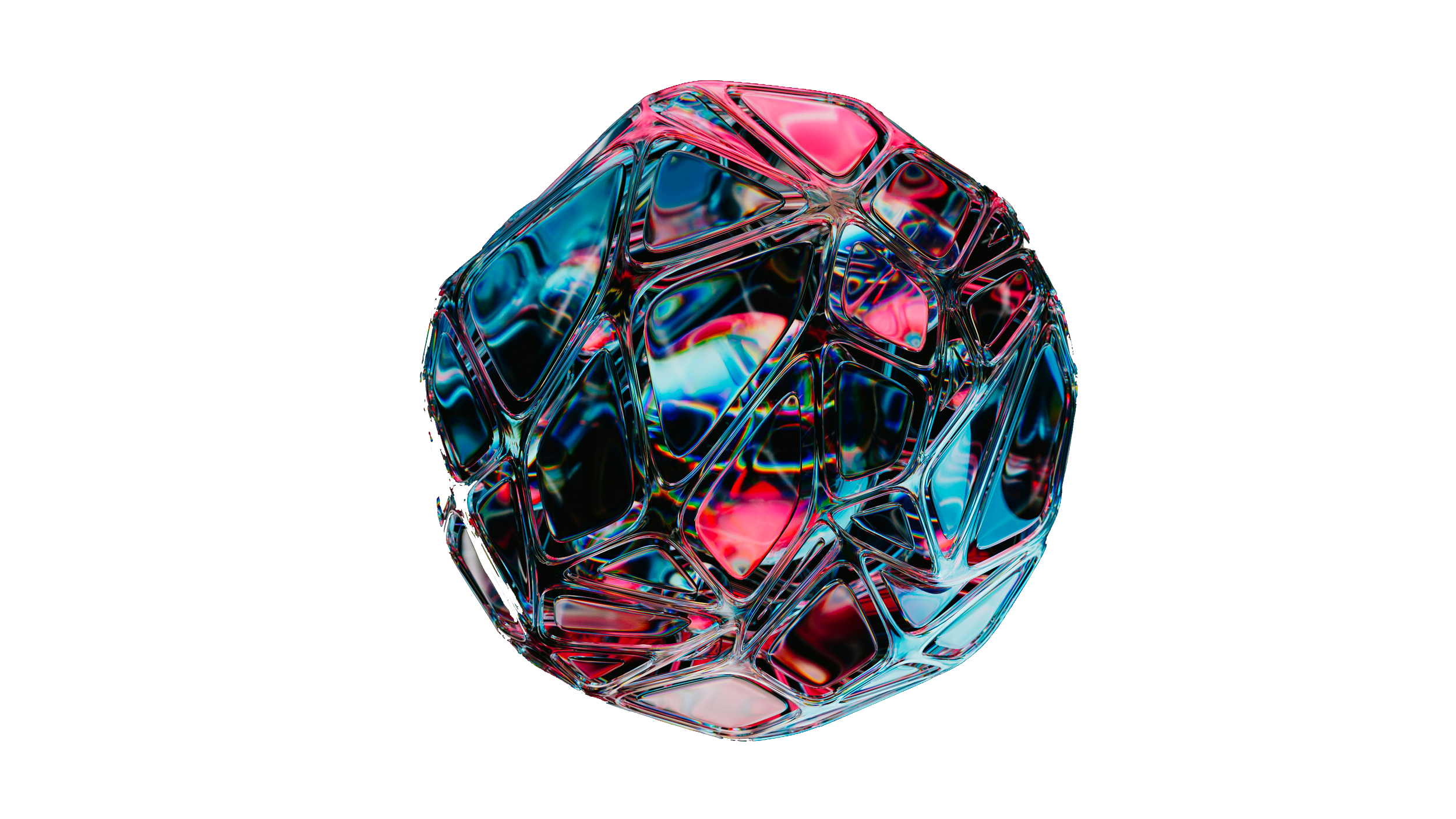 Objet numérique en forme de sphère avec surface complexe en verre coloré, combinant des teintes de bleu, de rouge et de noir, posé sur un fond blanc avec une moitié de fond noir.