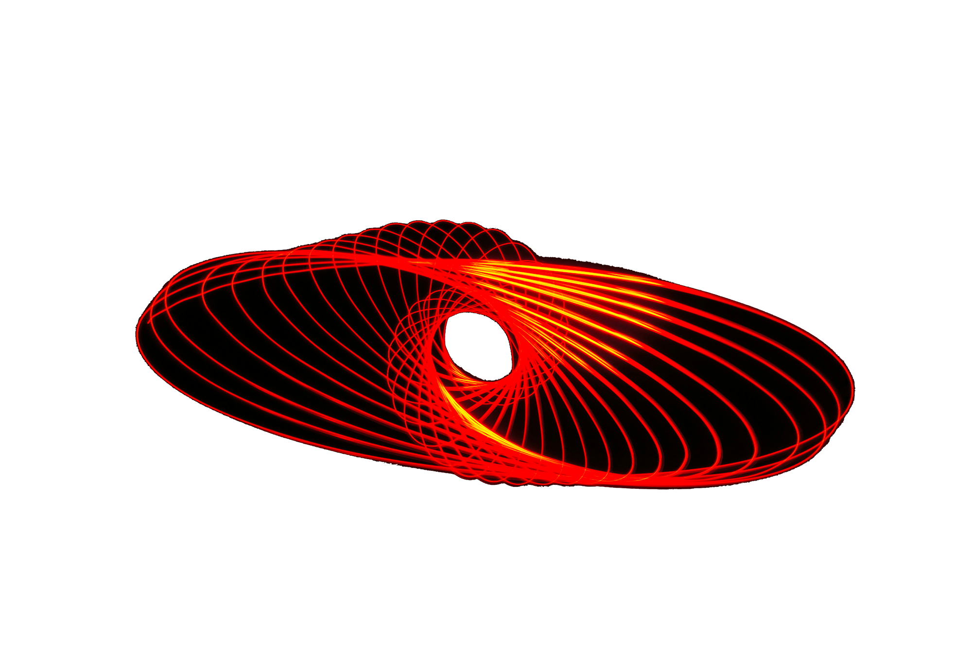 Illustration numérique d'un trou noir avec des lignes de lumière rouge-orange ondulées autour.