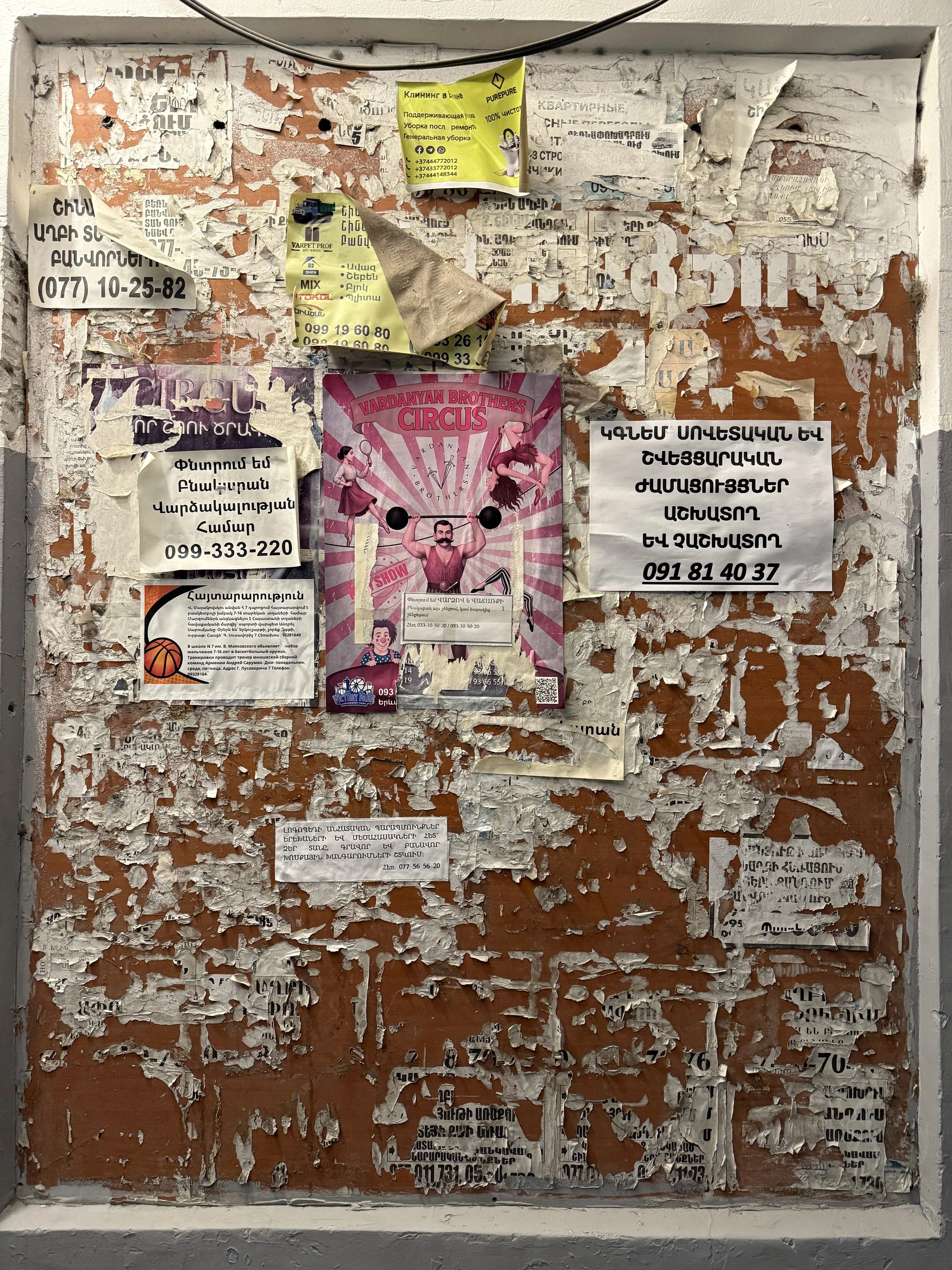 A weathered bulletin board with peeling paper covering, displaying several torn and overlapping posters and notices, including a pink circus poster at the center, with some visible text in Armenian and contact numbers.
