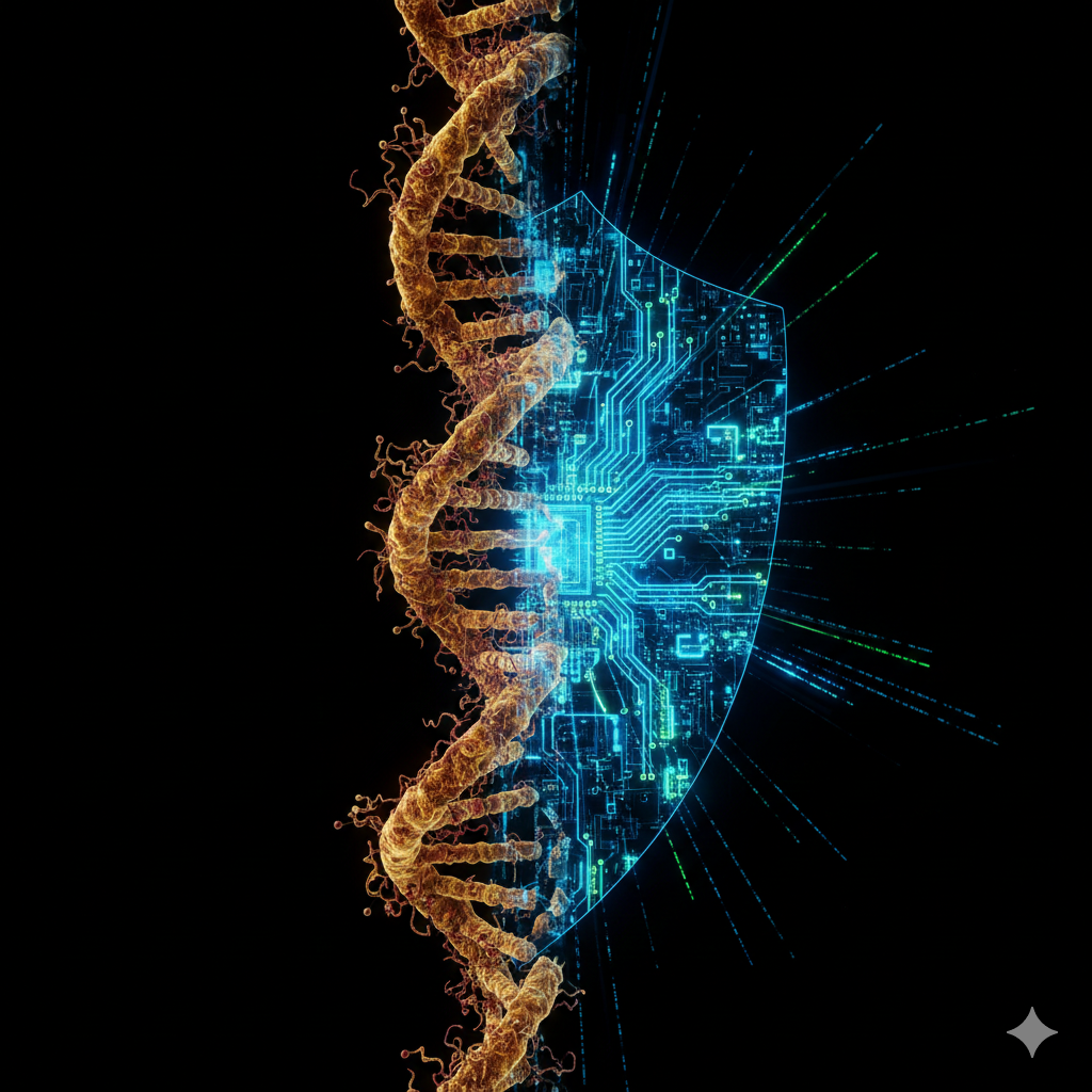 A conceptual illustration of the Protein-to-Digital framework, showing a golden DNA double helix merging with a blue glowing digital circuit shield, representing the integration of biological complexity and quantum logic within the Eden Model.