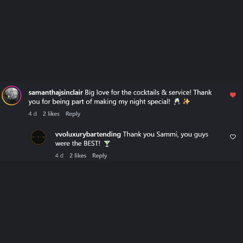 Comments on social media about cocktails and service, thanking for a night celebration from VVO.