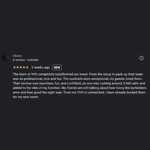 A Google review for VVO, praising the event experience, team, cocktails, and staff.