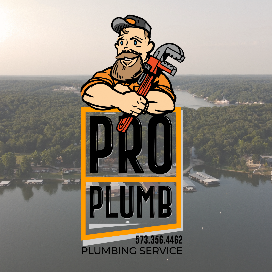 Pro Plumb plumbing service and remodeling logo displayed against a scenic backdrop of the Lake of the Ozarks, serving Osage Beach and Rocky Mount.