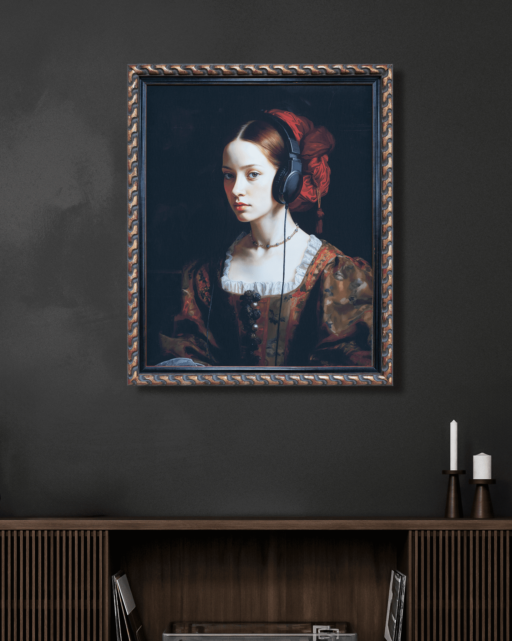 A framed portrait of a woman with red hair wearing headphones, set against a dark background, hanging on a dark wall next to a candle sconce and white candles.