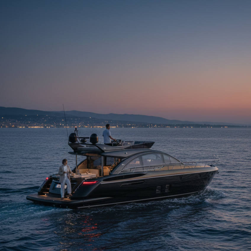 Deux personnes naviguent sur un yacht noir en eaux calmes au coucher du soleil, avec une ville et des montagnes en arrière-plan.