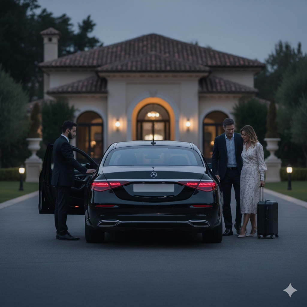 Un couple chic arrive devant une grande maison au crépuscule, un homme en costume et une femme en robe avec une valise, un chauffeur ouvre la portière d'une voiture Mercedes noire.