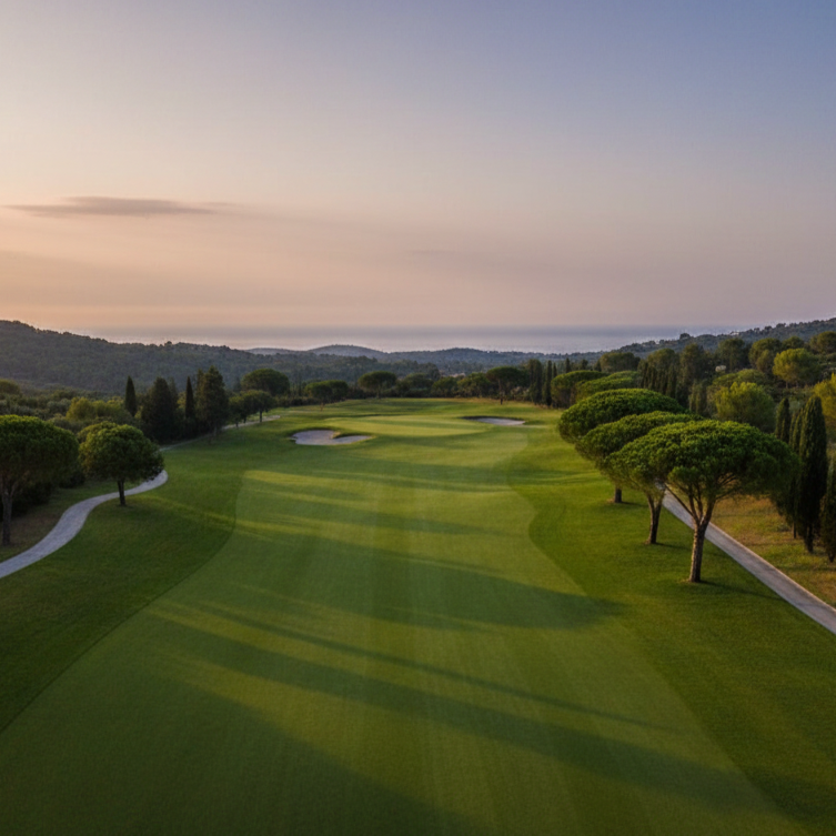 Tee de golf bordé d'arbres verts avec des bunkers, sous un ciel paisible au crépuscule.