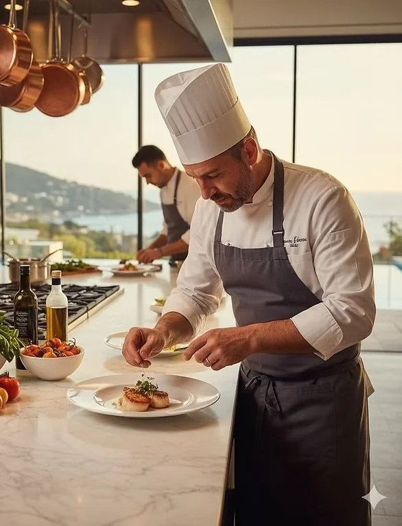 Chef en train de décorer un plat dans une cuisine moderne avec vue sur la mer derrière.