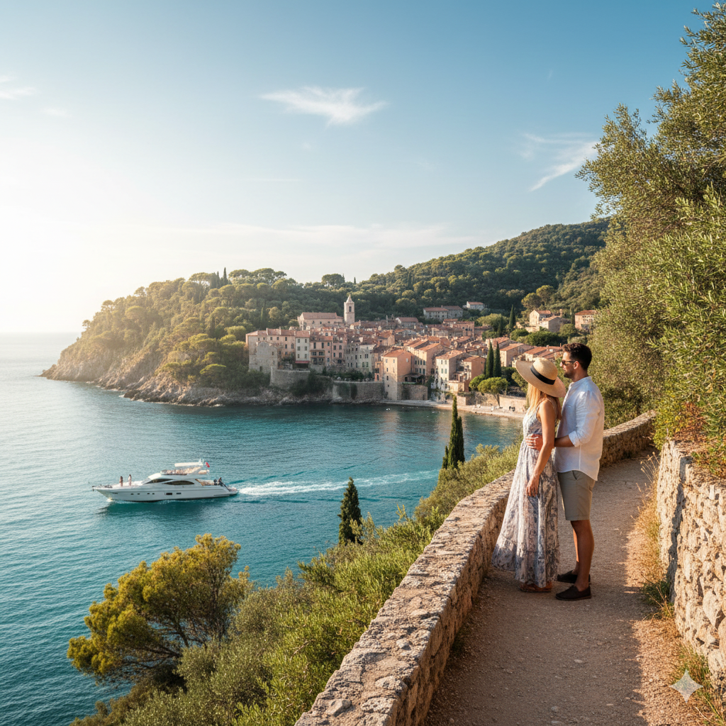 Un couple se tient près d'un mur en pierre regardant la mer et un bateau passant, avec une vieille ville en pierre au fond, sur une côte verdoyante en France, sous un ciel clair.