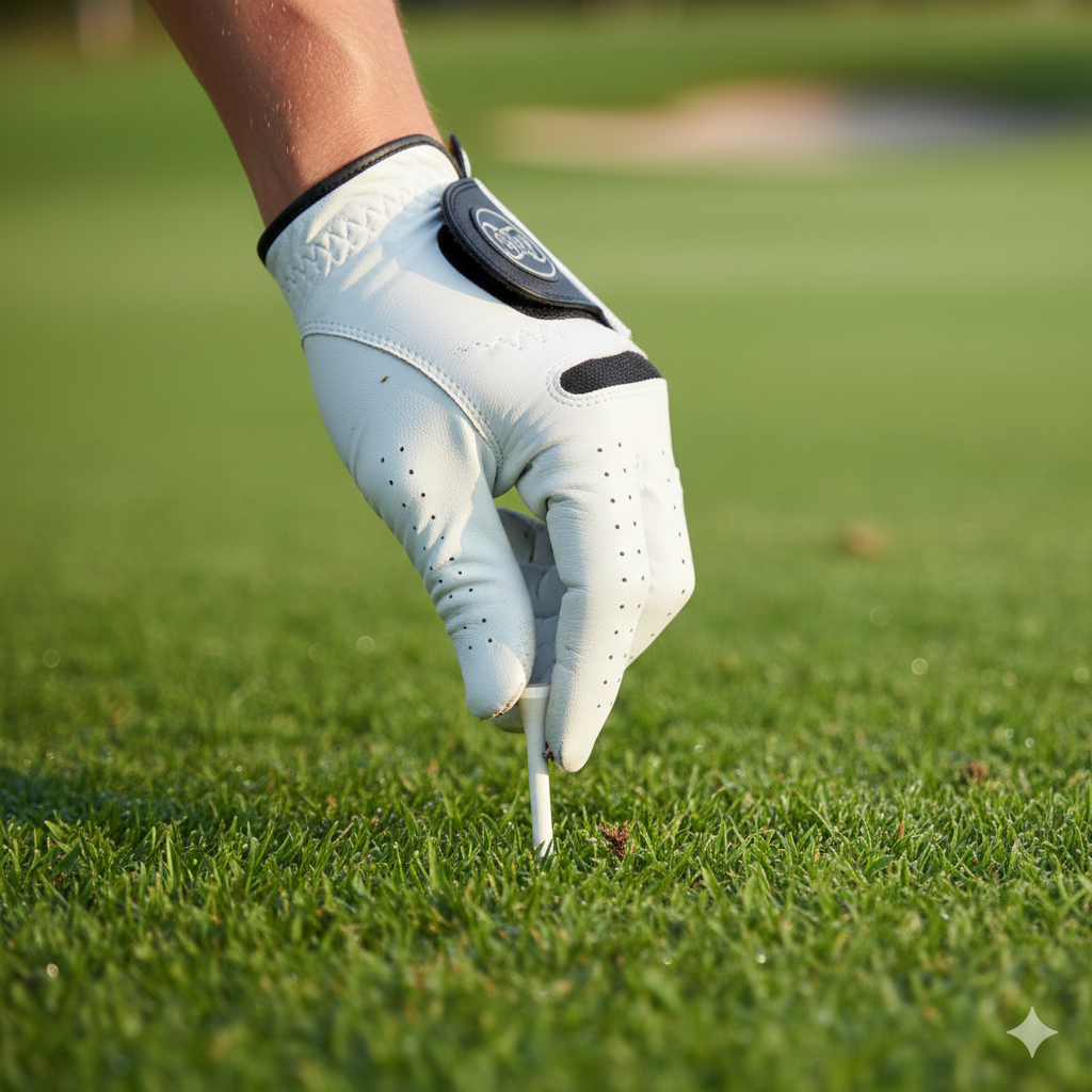 Une main portant un gant blanc avec un bracelet noir ajuste une balle de golf sur le tapis de golf. En arrière-plan, on aperçoit un terrain de golf en gazon vert.