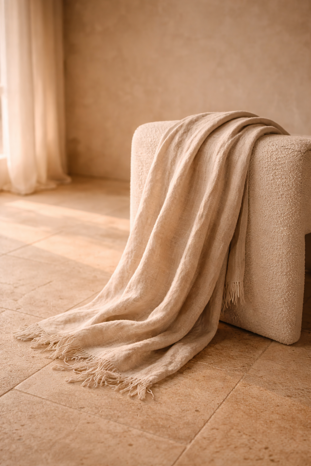 A beige blanket draped over the arm of a textured cream-colored sofa in a softly lit room with light-colored stone tile flooring and sheer curtains.