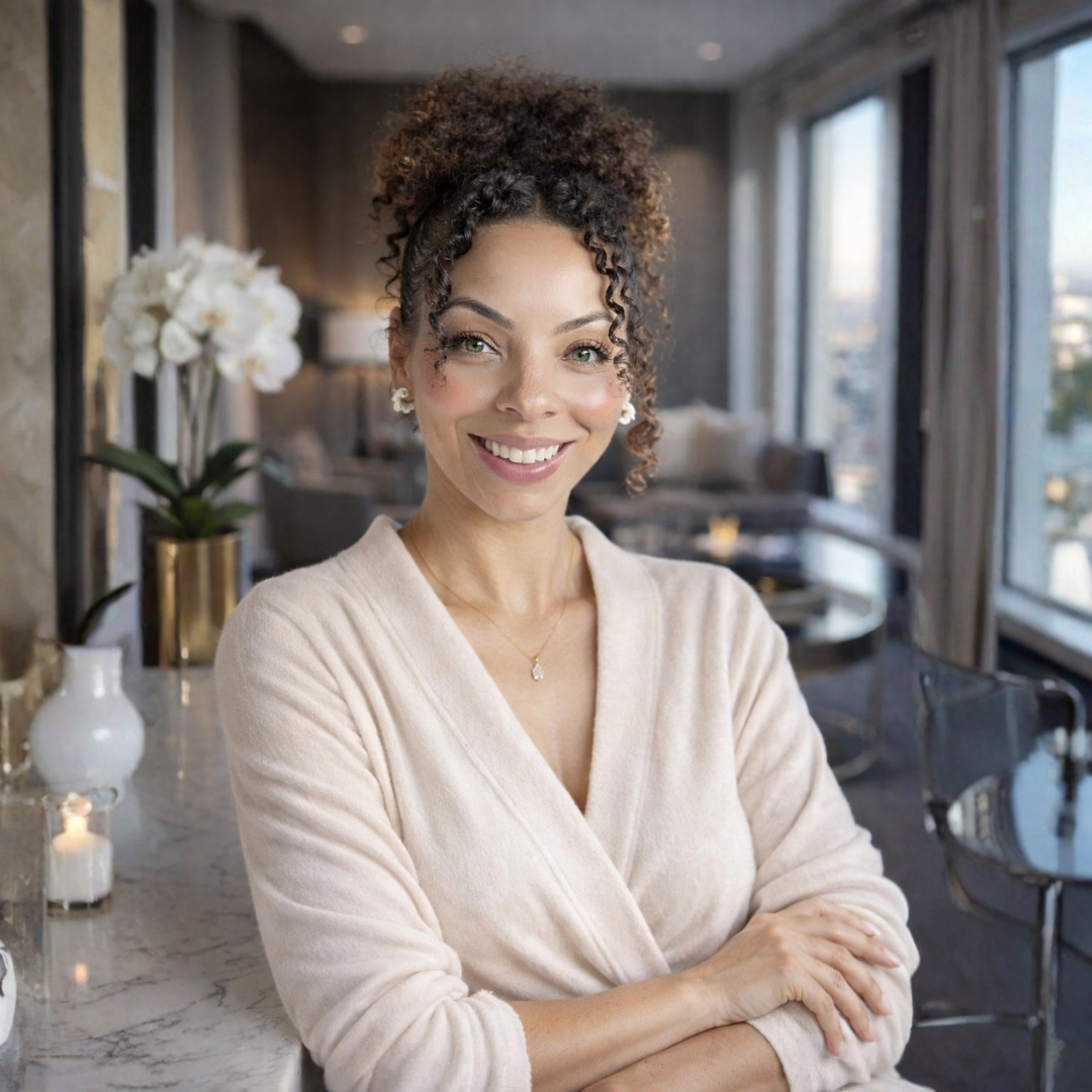 Smiling woman with curly hair standing in modern living room with large windows and decorative flowers