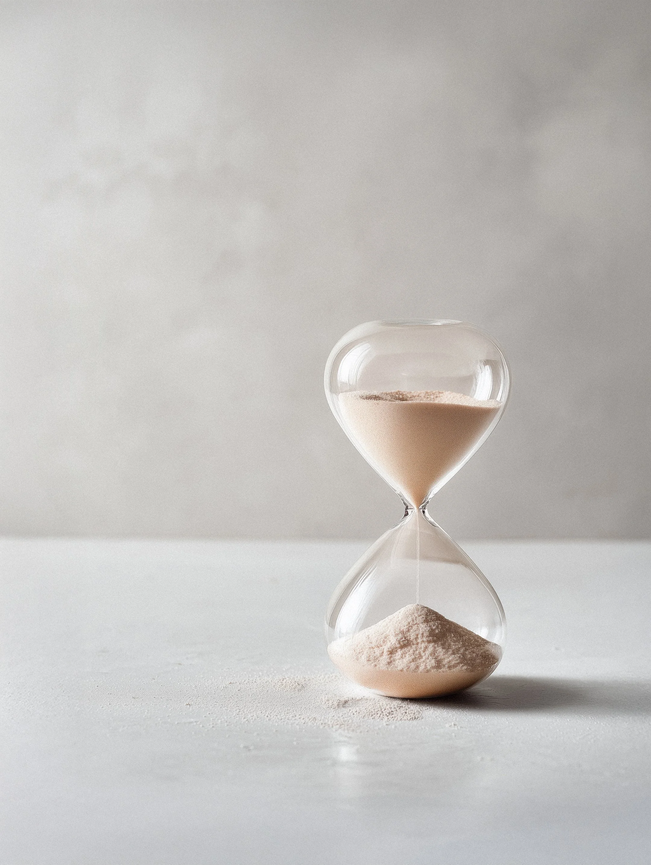 A glass hourglass with beige powder inside, with some powder spilled on the white surface below.