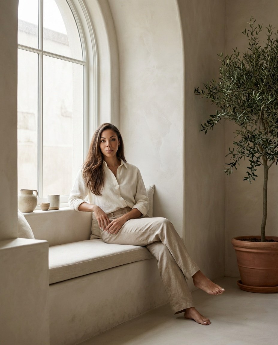 A woman sitting on a bench near a large window in a quiet room with minimal decor, a potted plant to her right, and clay cups and a jug on the window sill.