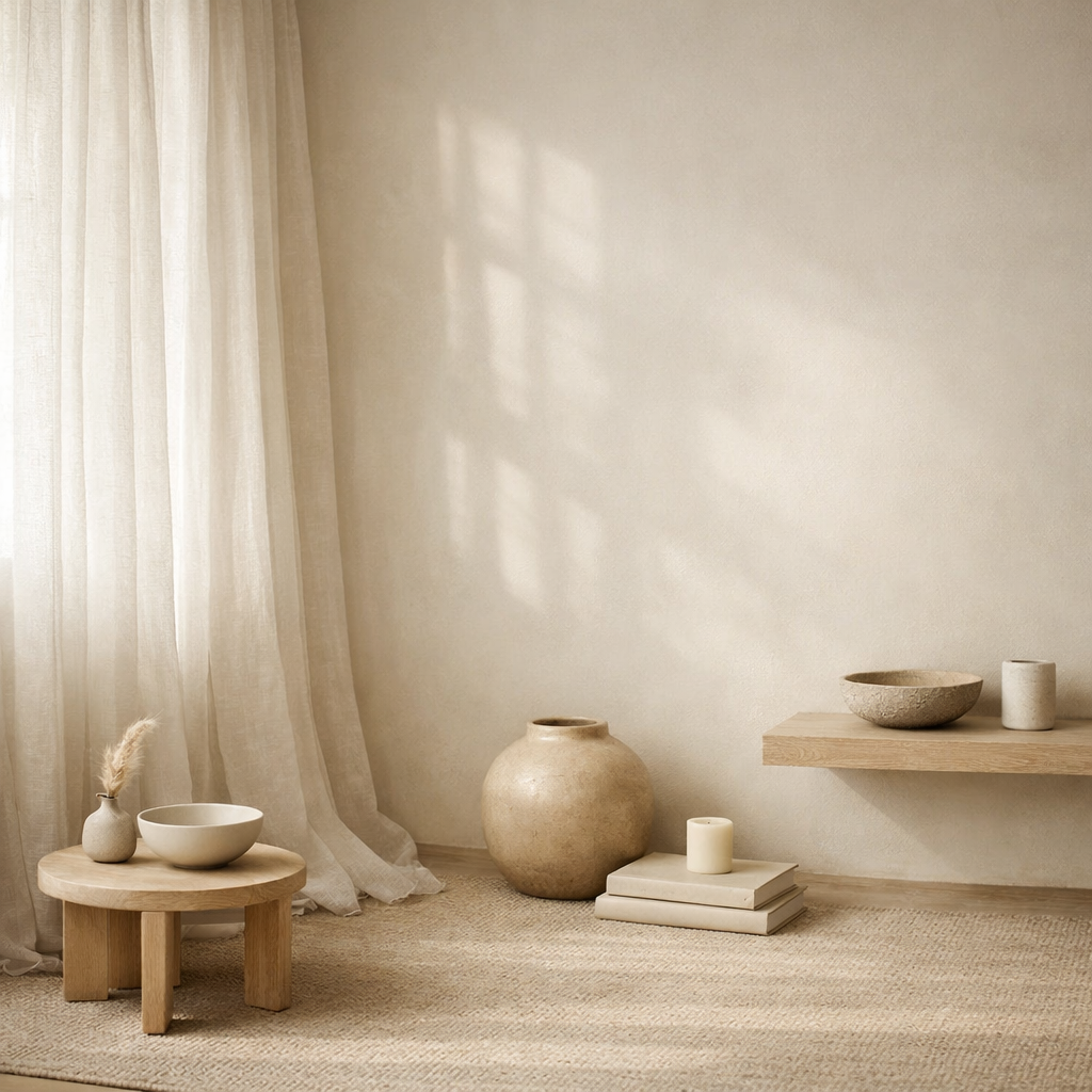 Minimalist room with neutral-toned decor, beige curtains, a small wooden table with a vase, bowls, and a tall vase, along with candles and stacked books on the floor, and a floating wooden shelf holding bowls and a candle.