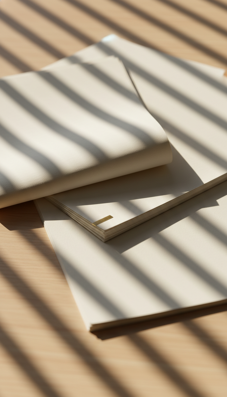 Open notebook with blank pages on a wooden surface, shadow of window blinds cast across it.