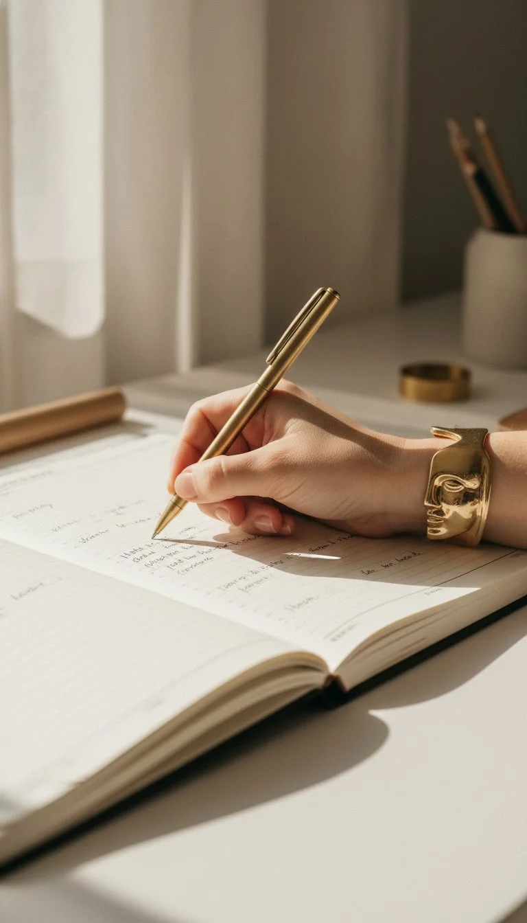 A person writing in a notebook with a gold pen, wearing a gold bracelet, on a white desk with a cup holding pencils in the background.