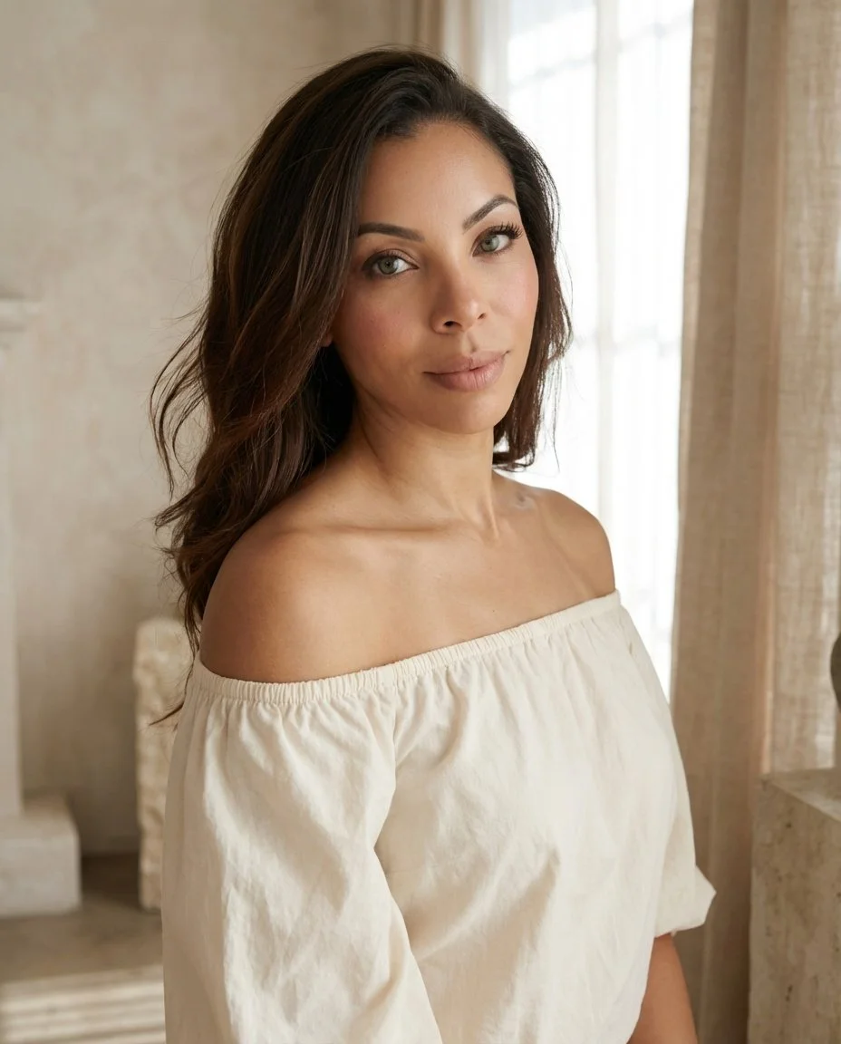 A woman with shoulder-length brown hair and green eyes, wearing an off-shoulder cream-colored top, standing indoors near a window with sheer curtains.