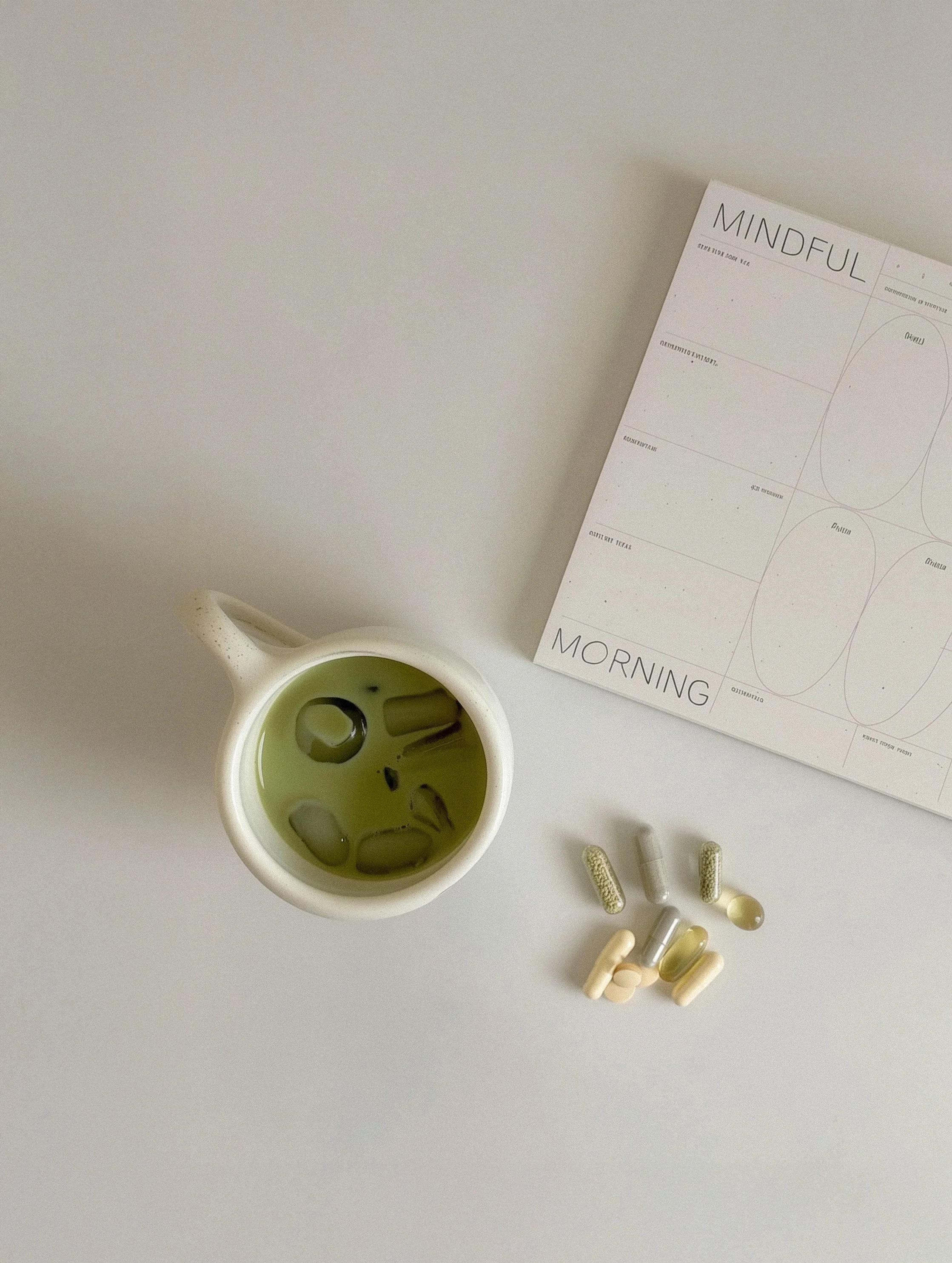 A white mug filled with green tea and ice cubes, a sheet of paper with daily planning sections labeled 'Mindful' and 'Morning', and several pills or capsules on a white surface.