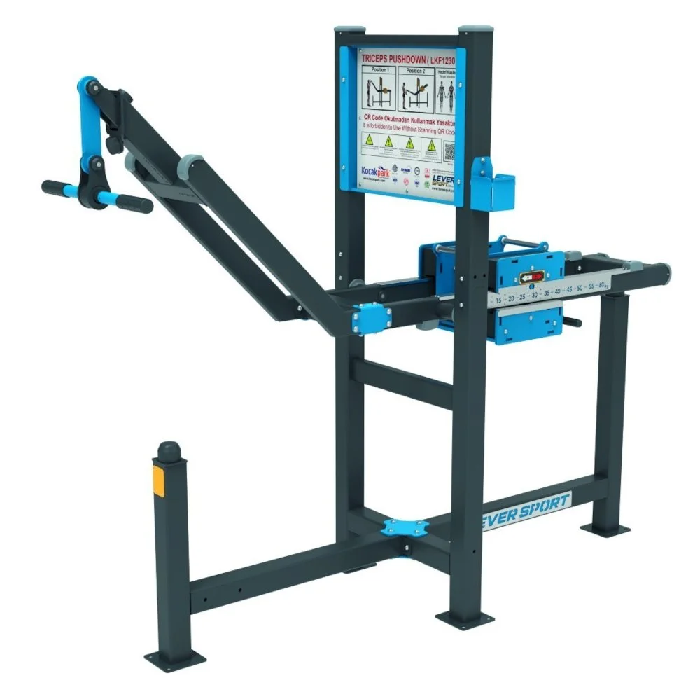 Outdoor triceps pushdown machine similar to OmniGym, designed for public fitness parks with adjustable resistance.