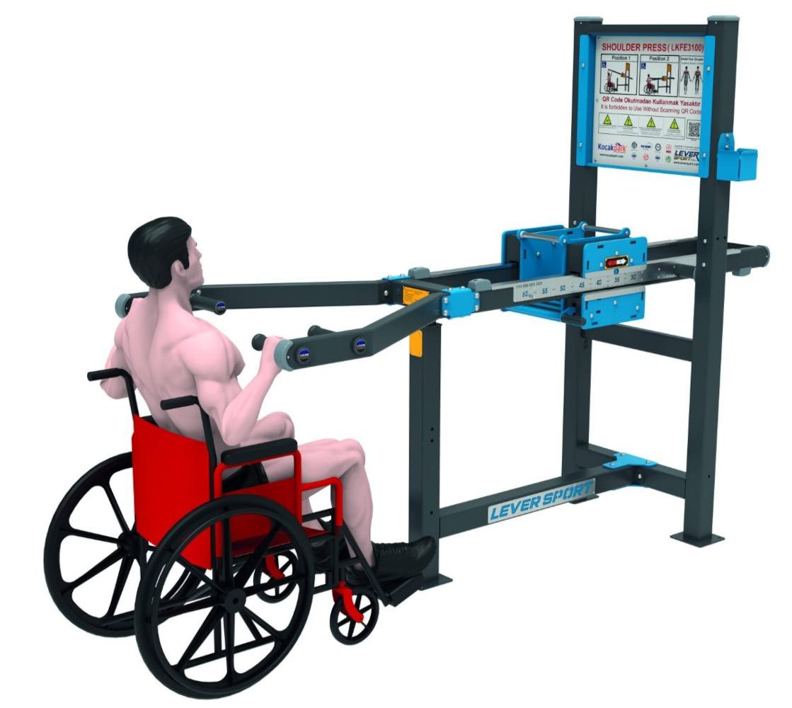 Adaptive outdoor shoulder press machine with sliding resistance system, similar in function to Omnigym inclusive fitness equipment for wheelchair users.