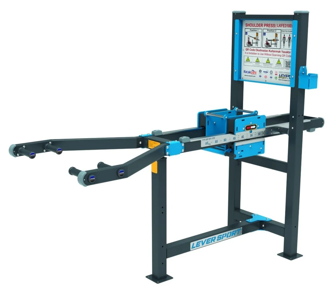 Outdoor shoulder press machine similar to Omnigym accessible-strength equipment, featuring adjustable resistance rails and wheelchair-friendly open-frame design.