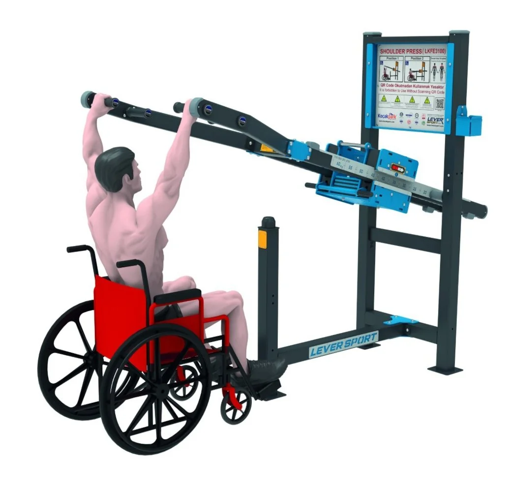 Wheelchair-accessible outdoor shoulder press trainer comparable to Omnigym adaptive gym equipment, showing user lifting adjustable resistance arms.