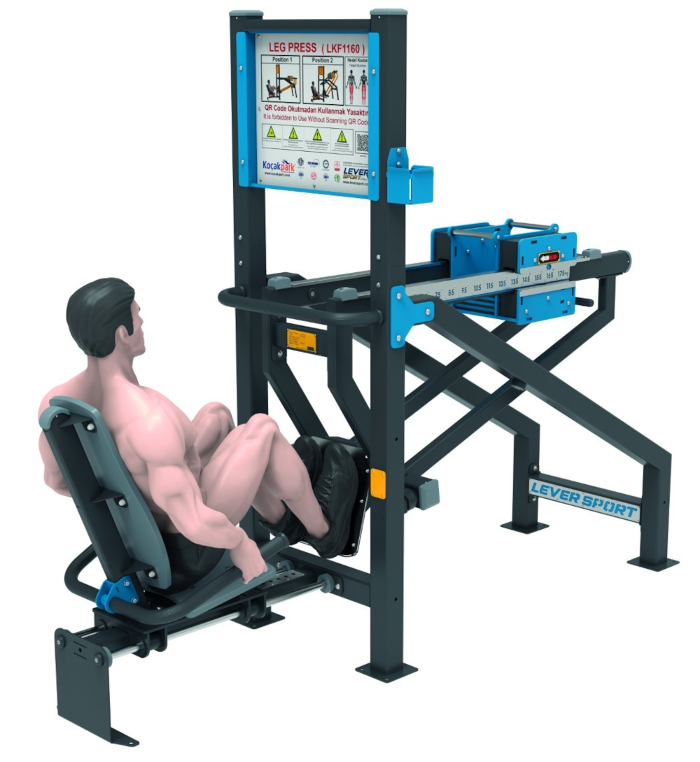 Outdoor Leg Press exercise start position with adjustable load system — professional biomechanical movement comparable to Omnigym.