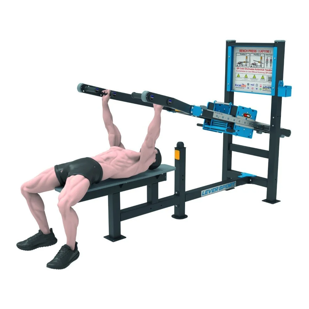 Athlete performing outdoor bench press with adjustable load on a guided resistance system — professional biomechanics and vandal-resistant construction comparable to Omnigym.