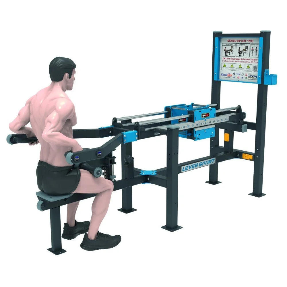 Athlete performing seated dip on outdoor machine with adjustable load — professional biomechanics and vandal-resistant steel construction ideal for municipal outdoor gyms.