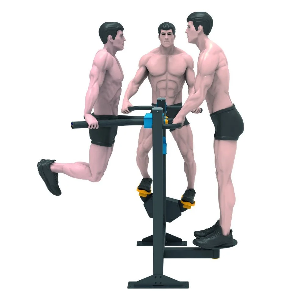 Athletes performing dips and twist movements on a multifunction outdoor fitness station — professional biomechanics and durable construction for public gym environments.